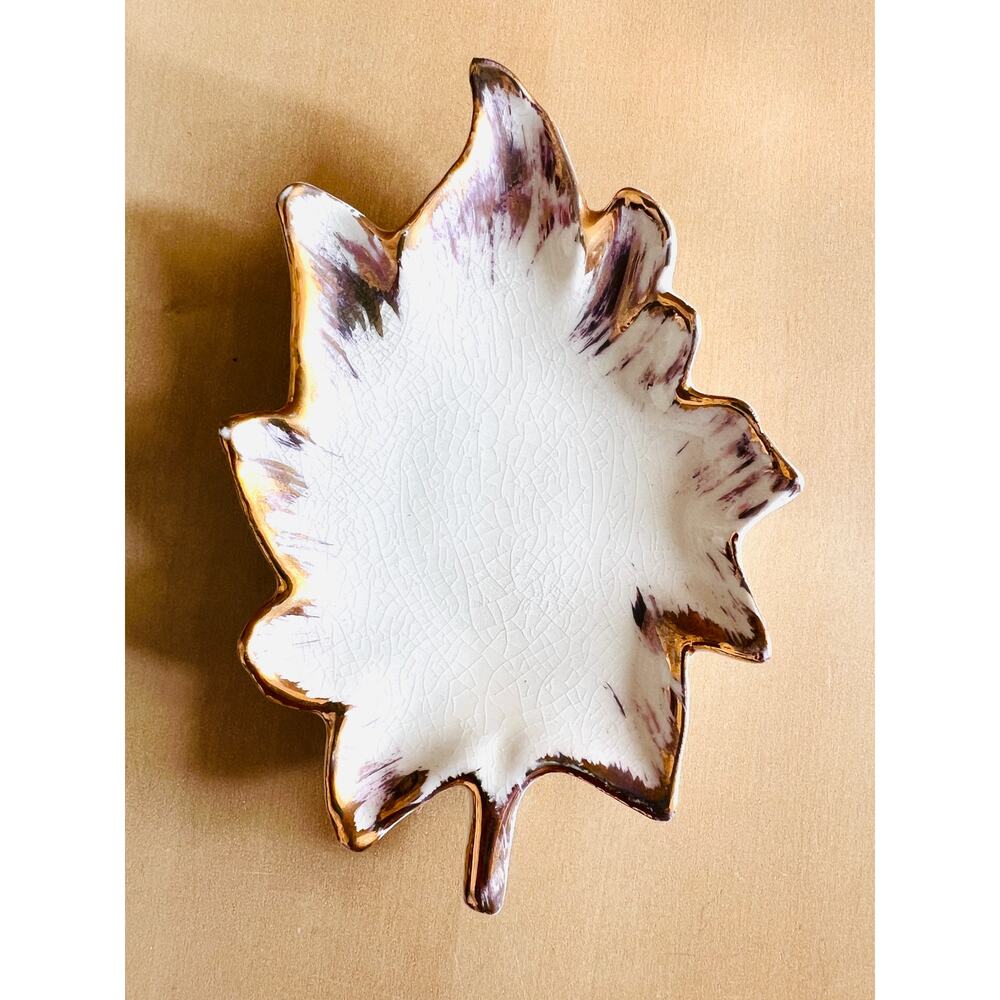 Vintage White Ceramic Leaf Dish 5" Crazed Gold Luster Trinket Dish Tray MCM
